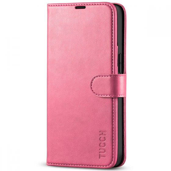 TUCCH iPhone 13 Wallet Case, iPhone 13 PU Leather Case, Folio Flip Cover with RFID Blocking, Credit Card Slots, Magnetic Clasp Closure - Hot Pink