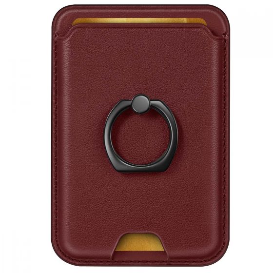 SHIELDON Genuine Leather Magnetic Card Holder Magsafe Compatible Wallet with RFID Blocking and Finger Grip Ring Stand for iPhone 12, iPhone 13, iPhone 14, iPhone 15 Series - Wine Red