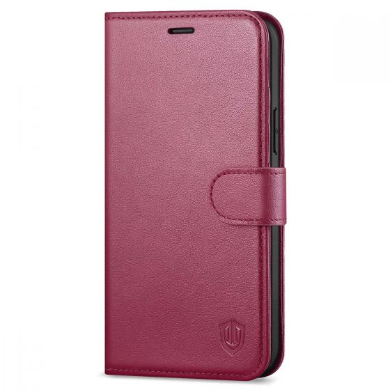 SHIELDON iPhone 13 Pro Wallet Case, iPhone 13 Pro Genuine Leather Cover with Magnetic Clasp - Red Violet