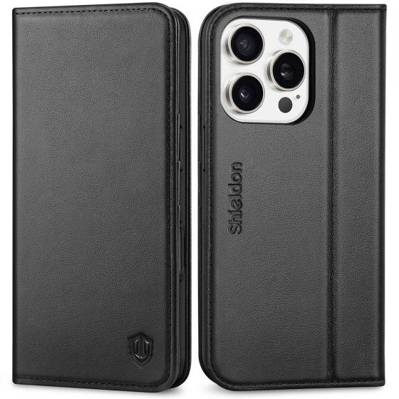 SHIELDON iPhone 16 Pro Max Genuine Leather Wallet Case, iPhone 16 Pro Max Magnetic Closure Wallet Cover with Shockproof TPU, Raised Sides, RFID Blocking, Kickstand, Card Holder Fall Protective Fold Book Flip Folio Case for iPhone 16 Pro Max 6.9" 2024