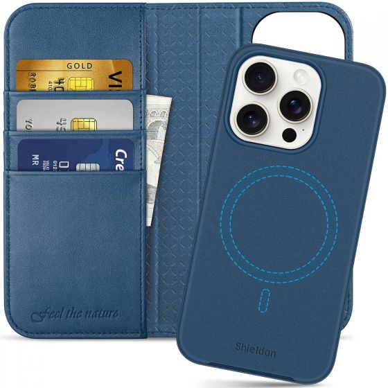 SHIELDON iPhone 15 Pro Detachable Magnetic Wallet Case, iPhone 15 Pro Genuine Leather Case,  Support Qi wireless charging - Royal Blue