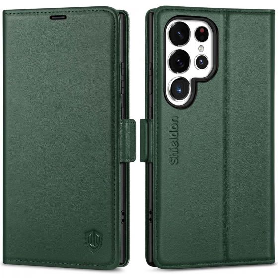 SHIELDON SAMSUNG Galaxy S24 Ultra Wallet Case, SAMSUNG S24 Ultra Leather Cover Flip Folio Book Case - Midnight Green