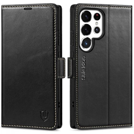 SHIELDON SAMSUNG Galaxy S24 Ultra Wallet Case, SAMSUNG S24 Ultra Leather Cover Flip Folio Book Case - Black - Retro