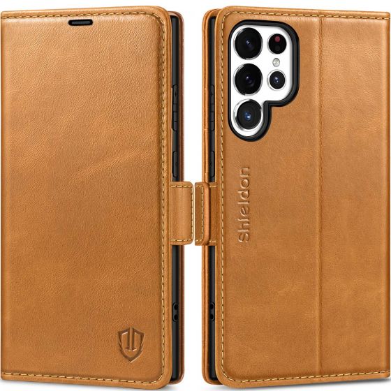 SHIELDON SAMSUNG Galaxy S24 Ultra Wallet Case, SAMSUNG S24 Ultra Leather Cover Flip Folio Book Case - Retro Light Brown