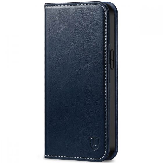 SHIELDON iPhone 13 Pro Wallet Case, iPhone 13 Pro Genuine Leather Cover with Magnetic Closure - Dark Blue - Retro