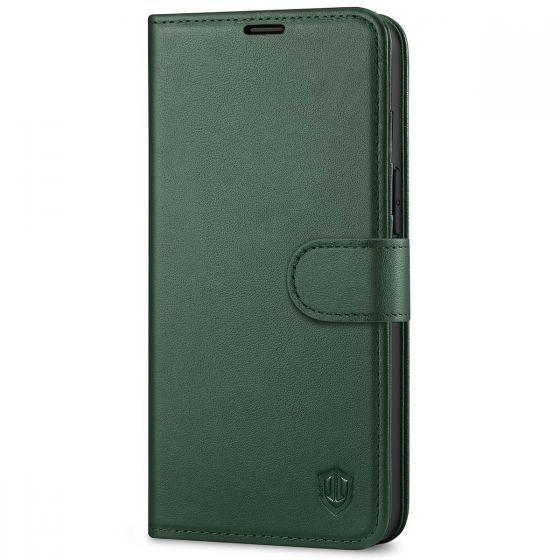 SHIELDON iPhone 14 Wallet Case, iPhone 14 Genuine Leather Cover Book Folio Flip Kickstand Case with Magnetic Clasp - Midnight Green