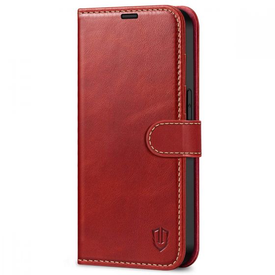 SHIELDON iPhone 14 Wallet Case, iPhone 14 Genuine Leather Cover Book Folio Flip Kickstand Case with Magnetic Clasp - Red - Retro