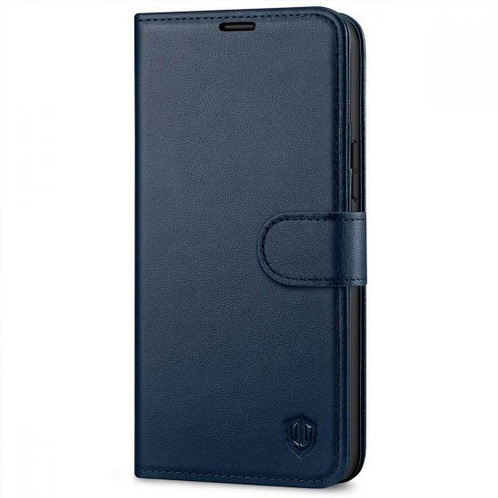 SHIELDON iPhone 14 Plus Wallet Case, iPhone 14 Plus Genuine Leather Cover Book Folio Flip Kickstand Case with Magnetic Clasp - Navy Blue