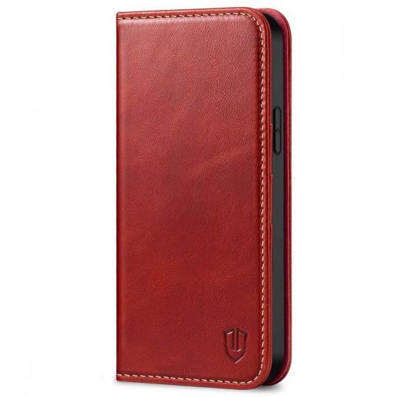 SHIELDON iPhone 14 Plus Wallet Case, iPhone 14 Plus Genuine Leather Cover with RFID Blocking, Book Folio Flip Kickstand Magnetic Closure - Red - Retro
