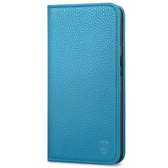 SHIELDON iPhone 14 Pro Wallet Case, iPhone 14 Pro Genuine Leather Cover Folio Case with Magnetic Closure - Light Blue - Litchi Pattern