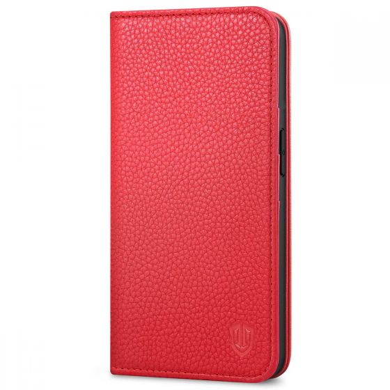 SHIELDON iPhone 14 Pro Wallet Case, iPhone 14 Pro Genuine Leather Cover Folio Case with Magnetic Closure - Red - Litchi Pattern