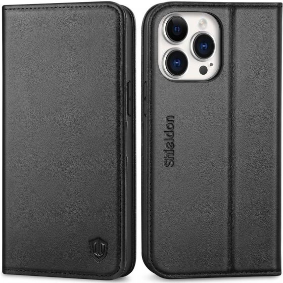 SHIELDON iPhone 14 Pro Max Wallet Case, iPhone 14 Pro Max Genuine Leather Folio Cover - Black
