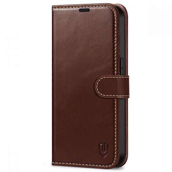SHIELDON iPhone 14 Pro Wallet Case, iPhone 14 Pro Genuine Leather Cover with Magnetic Clasp - Coffee - Retro