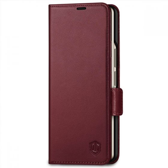 SHIELDON SAMSUNG Galaxy Z Fold4 5G Genuine Leather Wallet Case Cover with S Pen Holder, Folio Flip Style - Wine Red