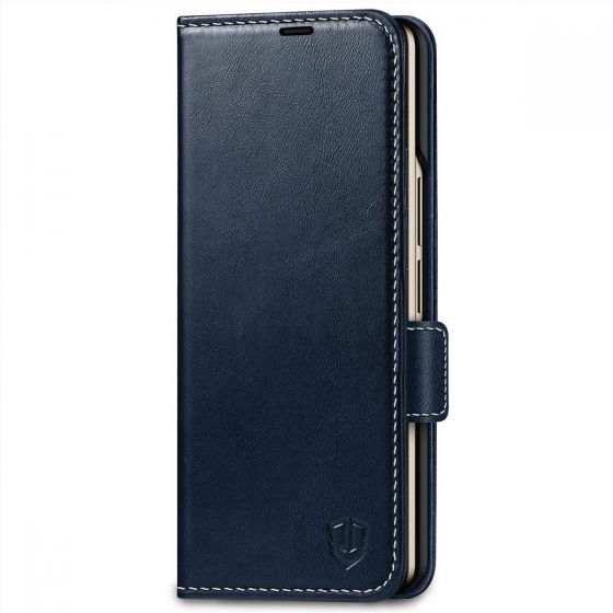 SHIELDON SAMSUNG Galaxy Z Fold4 5G Genuine Leather Wallet Case Cover with S Pen Holder, Folio Flip Style - Dark Blue - Retro