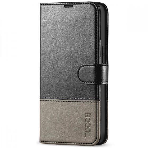 TUCCH iPhone 13 Pro Wallet Case, iPhone 13 Pro PU Leather Case, Folio Flip Cover with RFID Blocking and Kickstand - Black & Grey