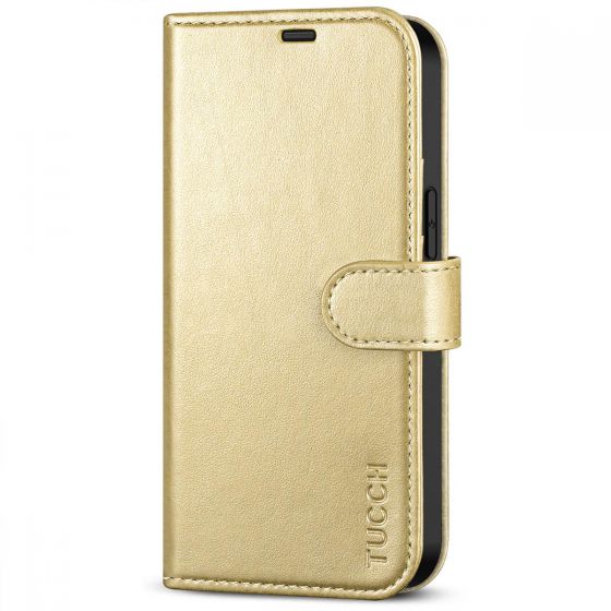 TUCCH iPhone 13 Pro Wallet Case, iPhone 13 Pro PU Leather Case, Folio Flip Cover with RFID Blocking and Kickstand - Shiny Champagne Gold