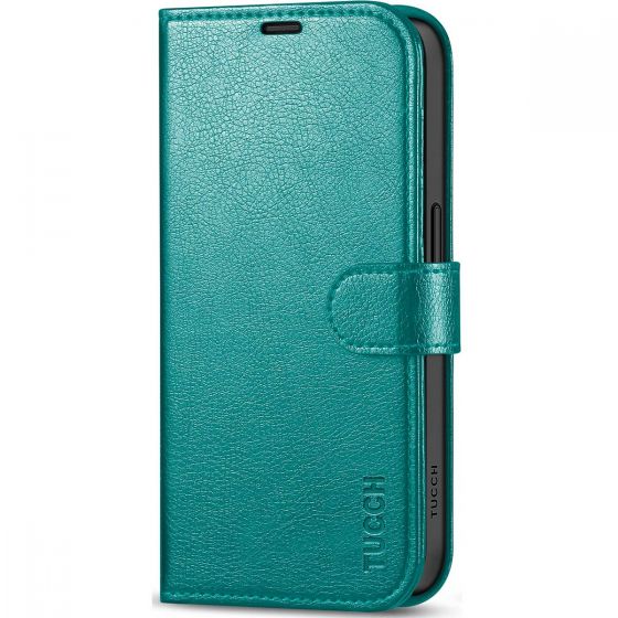 TUCCH iPhone 15 Pro Leather Wallet Case, iPhone 15 Pro Flip Cover - Full Grain Cyan