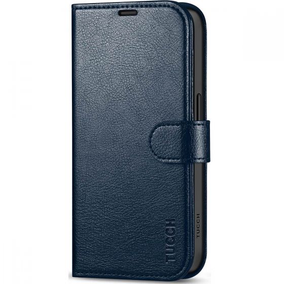 TUCCH iPhone 15 Pro Leather Wallet Case, iPhone 15 Pro Flip Cover - Full Grain Navy Blue