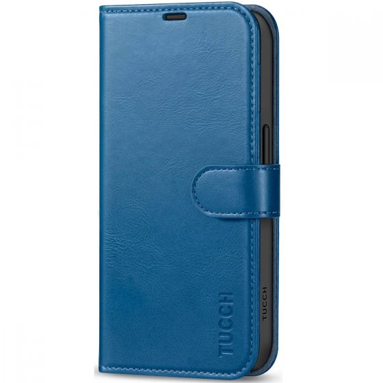 TUCCH iPhone 15 Pro Leather Wallet Case, iPhone 15 Pro Flip Cover - Retro Blue