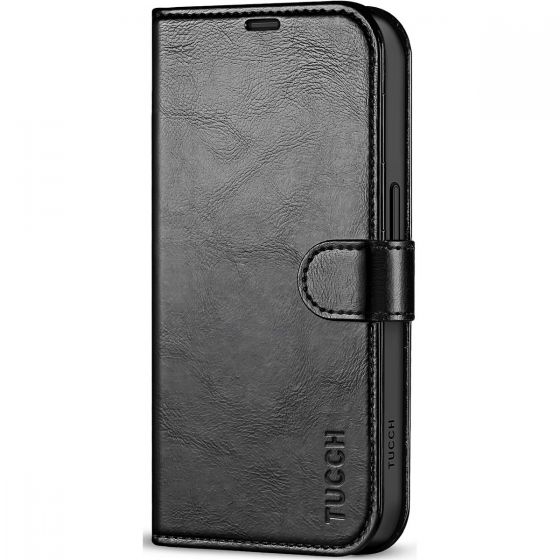 TUCCH iPhone 15 Pro Leather Wallet Case, iPhone 15 Pro Flip Cover - Retro Black