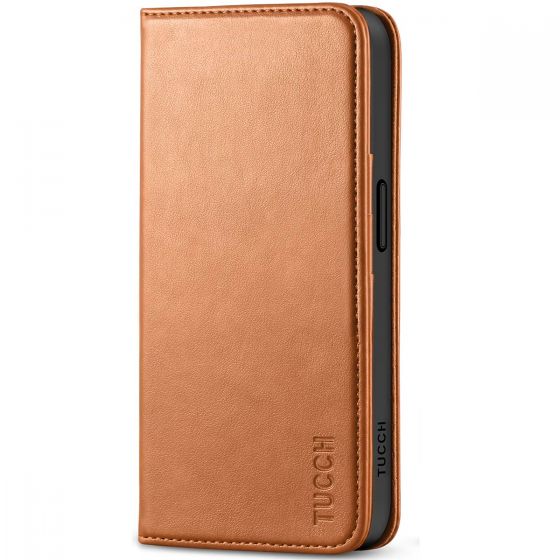 TUCCH iPhone 15 Pro Max Leather Wallet Case, iPhone 15 Pro Max Folio Phone Case - Light Brown