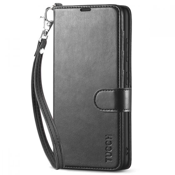 TUCCH SAMSUNG GALAXY S23 Plus Wallet Case, SAMSUNG S23 Plus PU Leather Case Book Flip Folio Cover - Wrist Strap - Black