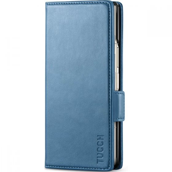 TUCCH SAMSUNG GALAXY Z FOLD6 Leather Case with S Pen Holder, Card Slots, RFID Blocking, Magnetic Closure, Front Cover, Book Phone Case with Stand - Light Blue