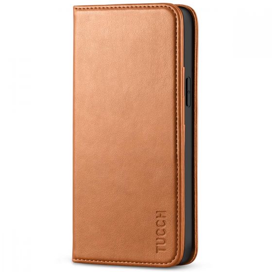 TUCCH iPhone 14 Wallet Case, iPhone 14 PU Leather Case, Flip Cover with Stand, Credit Card Slots, Magnetic Closure - Light Brown