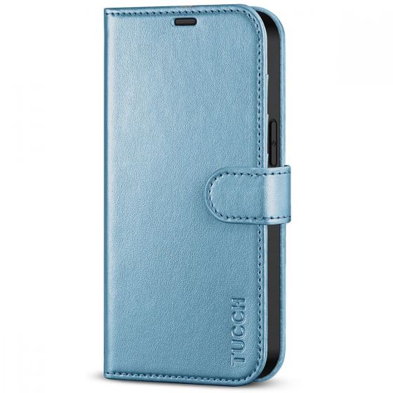 TUCCH iPhone 14 Wallet Case, iPhone 14 PU Leather Case, Folio Flip Cover with RFID Blocking, Credit Card Slots, Magnetic Clasp Closure - Shiny Light Blue