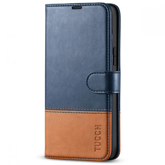 TUCCH iPhone 14 Plus Wallet Case, Mini iPhone 14 Plus 6.7-inch Leather Case, Folio Flip Cover with RFID Blocking, Stand, Credit Card Slots, Magnetic Clasp Closure - Dark Blue & Brown