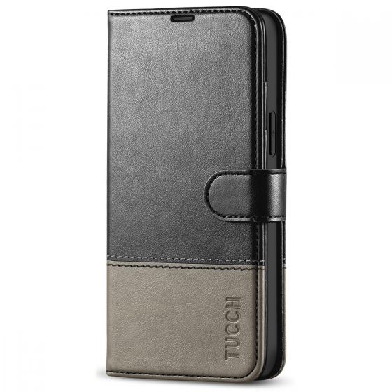 TUCCH iPhone 14 Plus Wallet Case, Mini iPhone 14 Plus 6.7-inch Leather Case, Folio Flip Cover with RFID Blocking, Stand, Credit Card Slots, Magnetic Clasp Closure - Black & Grey