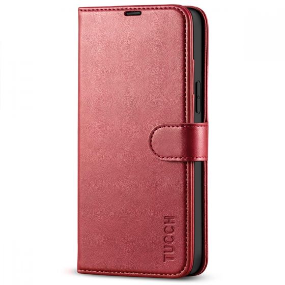 TUCCH iPhone 14 Plus Wallet Case, Mini iPhone 14 Plus 6.7-inch Leather Case, Folio Flip Cover with RFID Blocking, Stand, Credit Card Slots, Magnetic Clasp Closure - Dark Red