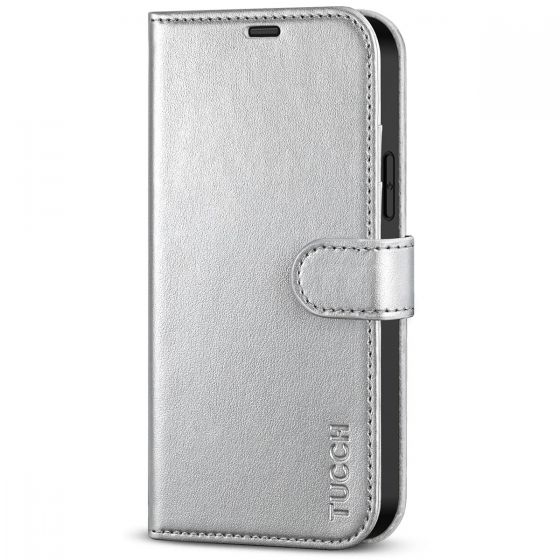 TUCCH iPhone 14 Plus Wallet Case, Mini iPhone 14 Plus 6.7-inch Leather Case, Folio Flip Cover with RFID Blocking, Stand, Credit Card Slots, Magnetic Clasp Closure - Shiny Silver