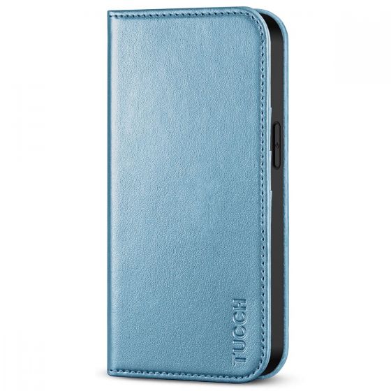 TUCCH iPhone 14 Pro Wallet Case, iPhone 14 Pro PU Leather Case with Folio Flip Book Cover, Kickstand, Card Slots, Magnetic Closure - Shiny Light Blue