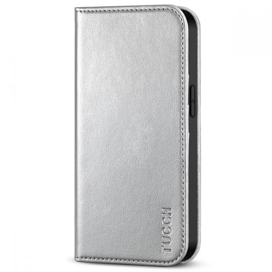 TUCCH iPhone 14 Pro Wallet Case, iPhone 14 Pro PU Leather Case with Folio Flip Book Cover, Kickstand, Card Slots, Magnetic Closure - Shiny Silver
