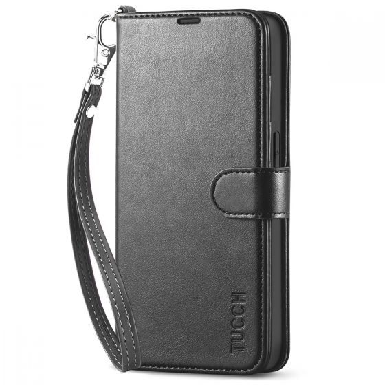 TUCCH iPhone 14 Pro Wallet Case, iPhone 14 Pro PU Leather Case, Folio Flip Cover with RFID Blocking and Kickstand - Strap - Black