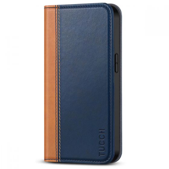 TUCCH iPhone 14 Pro Wallet Case, iPhone 14 Pro PU Leather Case with Folio Flip Book Cover, Kickstand, Card Slots, Magnetic Closure - Brown & Dark Blue