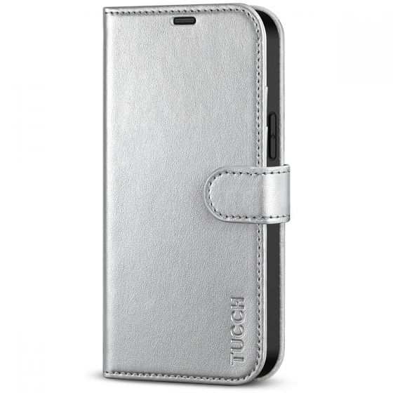 TUCCH iPhone 14 Pro Max Wallet Case, iPhone 14 Pro Max PU Leather Case with Folio Flip Book RFID Blocking, Stand, Card Slots, Magnetic Clasp Closure - Shiny Silver
