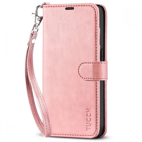 TUCCH iPhone 14 Pro Max Wallet Case, iPhone 14 Pro Max PU Leather Case with Folio Flip Book RFID Blocking, Stand, Card Slots, Magnetic Clasp Closure - Strap - Rose Gold