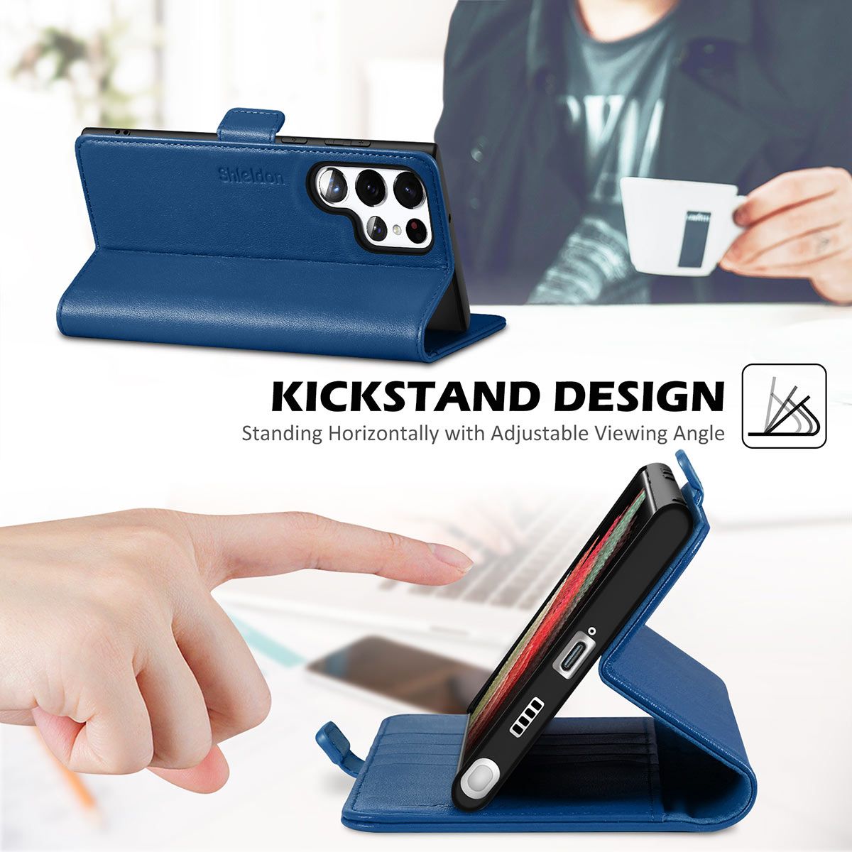 Kickstand TPU Shockproof Flip Cover Compatible with Galaxy S22 Ultra 6.8 2022 Navy Blue SHIELDON Case for Galaxy S22 Ultra 5G Genuine Leather Wallet Case with Credit Card Holder RFID Blocking