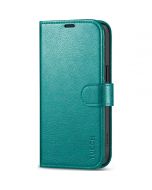 TUCCH iPhone 15 Leather Wallet Case, iPhone 15 Flip Cover - Full Grain Cyan