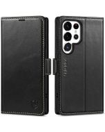 SHIELDON SAMSUNG Galaxy S24 Ultra Wallet Case, SAMSUNG S24 Ultra Leather Cover Flip Folio Book Case - Black - Retro