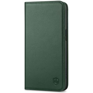 SHIELDON iPhone 15 Genuine Leather Wallet Case, iPhone 15 Book Case - Midnight Green