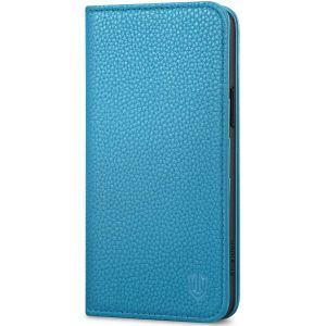SHIELDON iPhone 15 Plus Genuine Leather Wallet Case, iPhone 15 Plus Cell Phone Case - Full Grain Light Blue