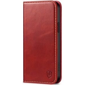 SHIELDON iPhone 15 Plus Genuine Leather Wallet Case, iPhone 15 Plus Folio Cover with Card Slots - Retro Red
