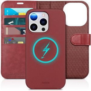 TUCCH iPhone 15 Pro Magnetic Detachable Leather Case, iPhone 15 Pro 2in1 Wallet Case - Dark Red