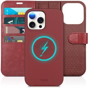 TUCCH iPhone 15 Pro Max Magnetic Detachable Leather Case, iPhone 15 Pro Max 2in1 Wallet Case - Dark Red