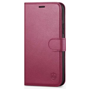 SHIELDON iPhone 12 Mini Leather Case, iPhone 12 Mini Folio Cover with Magnetic Clasp Closure, Genuine Leather, RFID Blocking, Kickstand Phone Case for Mini iPhone 12 5.4-inch 5G Red Violet