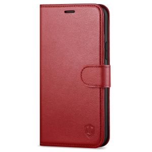SHIELDON iPhone 12 Wallet Case, iPhone 12 Pro Wallet Cover, Genuine Leather Cover, RFID Blocking, Folio Flip Kickstand, Magnetic Closure for iPhone 12 / Pro 6.1-inch 5G Dark Red